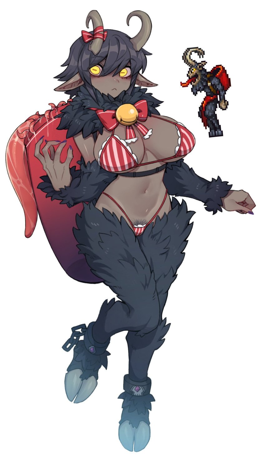 1girls black_fur black_hair bowtie bra breasts christmas clothing dark_skin demon female horns krampus nyong_nyong panties pointy_ears pubic_hair rule_63 sack shackles solo sprite tentacle terraria