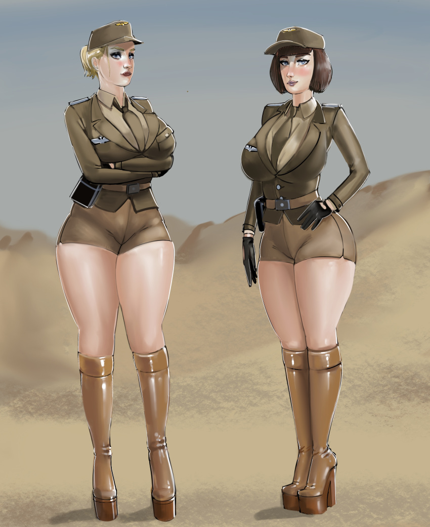 2girls army army_girl big_breasts blonde_hair iron_doomer multiple_girls shorts thick_thighs thights uniform