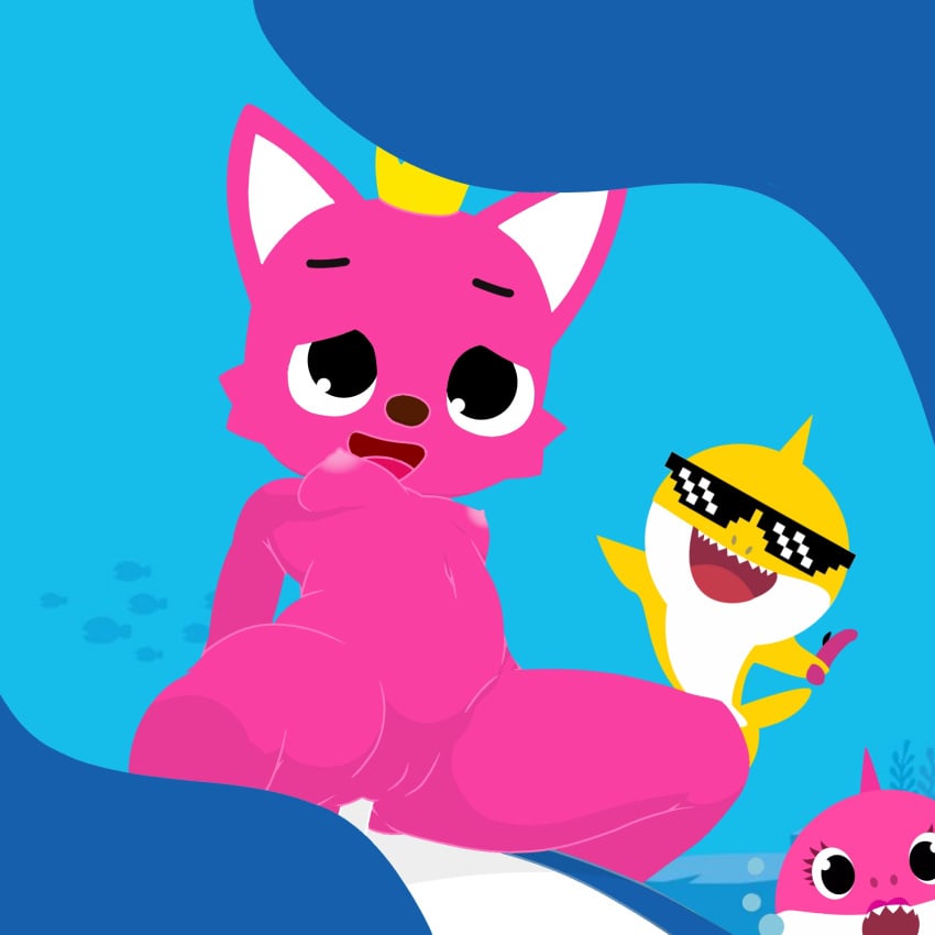 2boys 2girls ambiguous_gender anal anal_penetration animal_genitalia animal_penis baby_shark baby_shark_(character) black_eyes canine cowgirl_position crown cub daddy_shark fox furry furry_only genderswap girl_on_top mammal mommy_shark nipples pink_fur pinkfong pinkfong_(character) pixel_glasses rule_63 shark smile straddling tagme