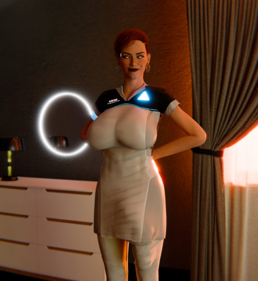 3d aurore_cassel bright_pupils bulge bulge_through_clothing cyberpunk_2077 cyborg_girl detroit:_become_human earrings freckles freckles_on_face futa_only futanari lipstick looking_at_viewer manufatura red_hair self_upload short_hair tagme tight_clothing
