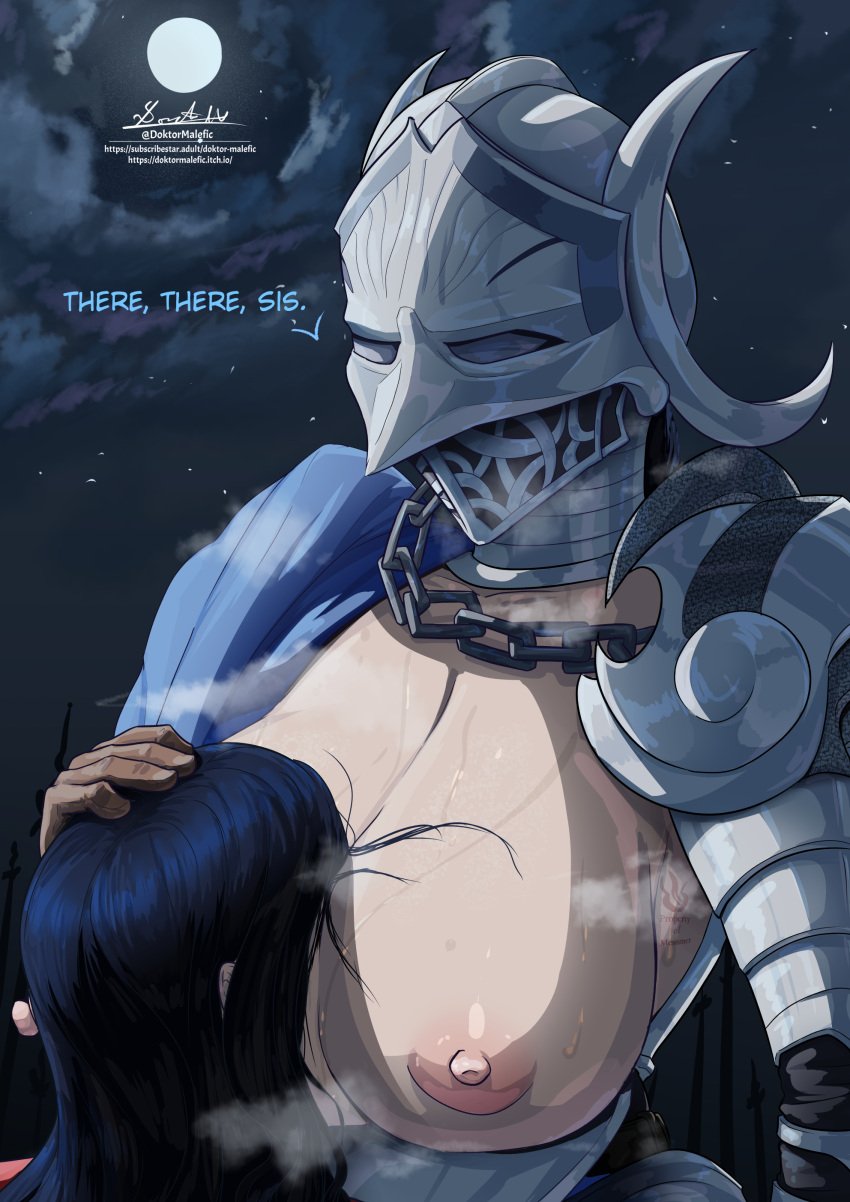 2girls armor armored_female background big_breasts big_nipples black_hair color colored doktor_malefic elden_ring face_between_breasts female female_focus female_only fromsoftware hand_on_head head_between_breasts helmet incest motorboating night rellana_twin_moon_knight rennala_queen_of_the_full_moon shadow_of_the_erdtree sisters steam steaming_body sweat sweatdrop sweating sweaty text yuri