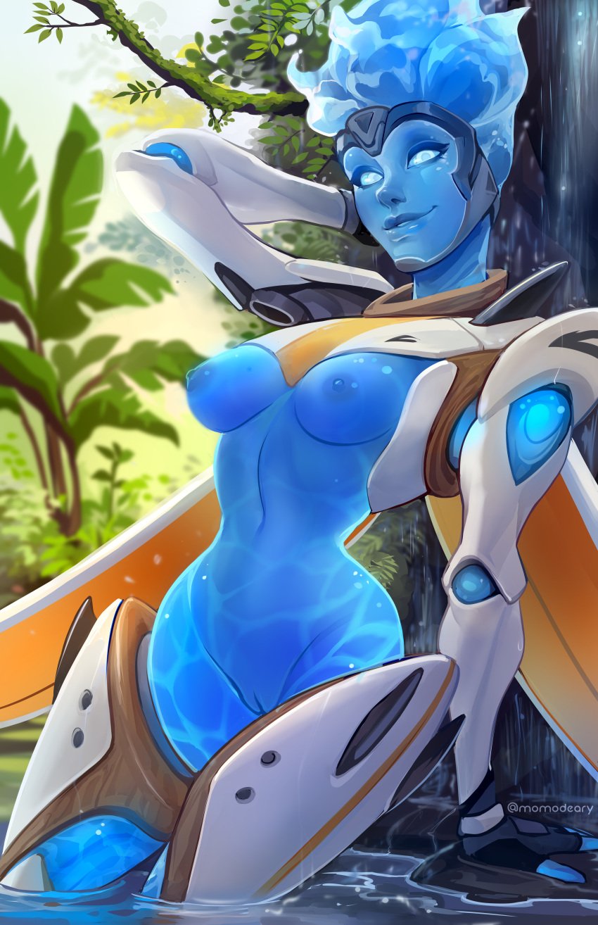 alternate_costume curvy echo_(overwatch) in_water looking_at_viewer lovelovedeary momodeary robot_girl small_breasts smiling_at_viewer surf&#039;s_up_echo vagina