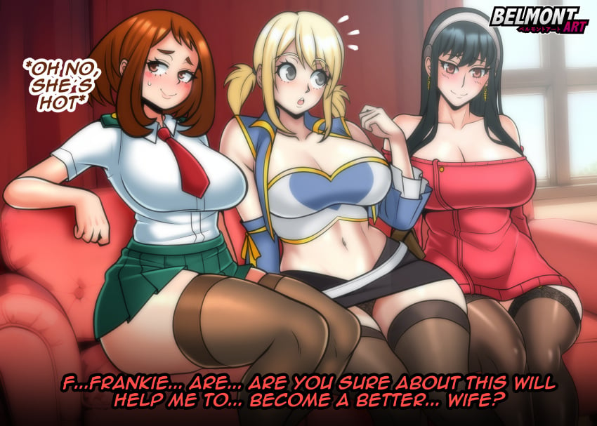 3girls bare_arms bare_shoulders belmont big_breasts black_hair blonde_hair blush brown_eyes brown_hair clothed clothing color crossover english_text fairy_tail female female_focus female_only hi_res large_breasts light-skinned_female light_skin long_hair looking_at_viewer lucy_heartfilia multiple_girls my_hero_academia ochako_uraraka red_eyes short_hair solo_female spy_x_family stockings tagme text text_bubble thick_thighs yor_briar yor_forger