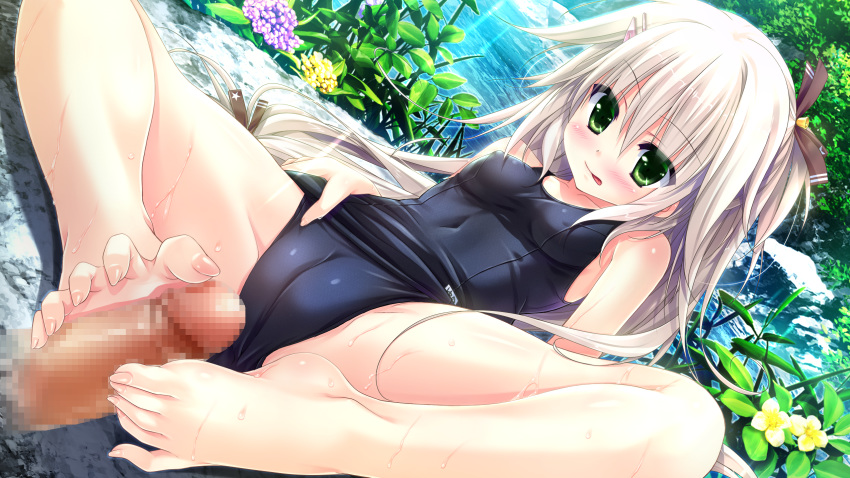 barefoot blush cameltoe censored clochette covered_nipples erect_nipples flowers footjob game_cg green_eyes hair hotaruzuka_yuno koko_kara_natsu_no_innocence! leaves long_hair penis school_swimsuit sesena_yau spread_legs swimsuit water wet white_hair