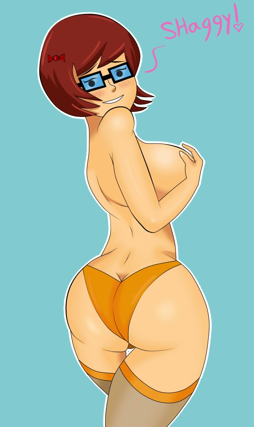 1girls ass big_ass big_breasts blue_background breasts character_name covering_breasts freckles glasses hair_bow huge_breasts large_breasts looking_at_viewer looking_back panties rear_view scooby-doo scooby-doo!_mystery_incorporated simple_background solo solo_female stockings text topless velma_dinkley zugalewd