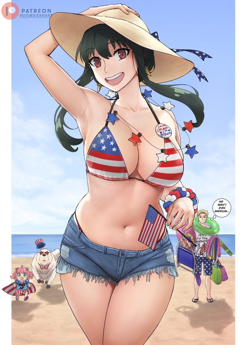 1animal 2boys 2girls 4th_of_july american_flag_bikini anya_forger big_breasts bikini black_hair bond_forger breasts dismaiden female female_focus hat human large_breasts loid_forger male milf multiple_boys multiple_girls open_mouth outdoors outside red_eyes solo_focus spy_x_family yor_briar yor_forger