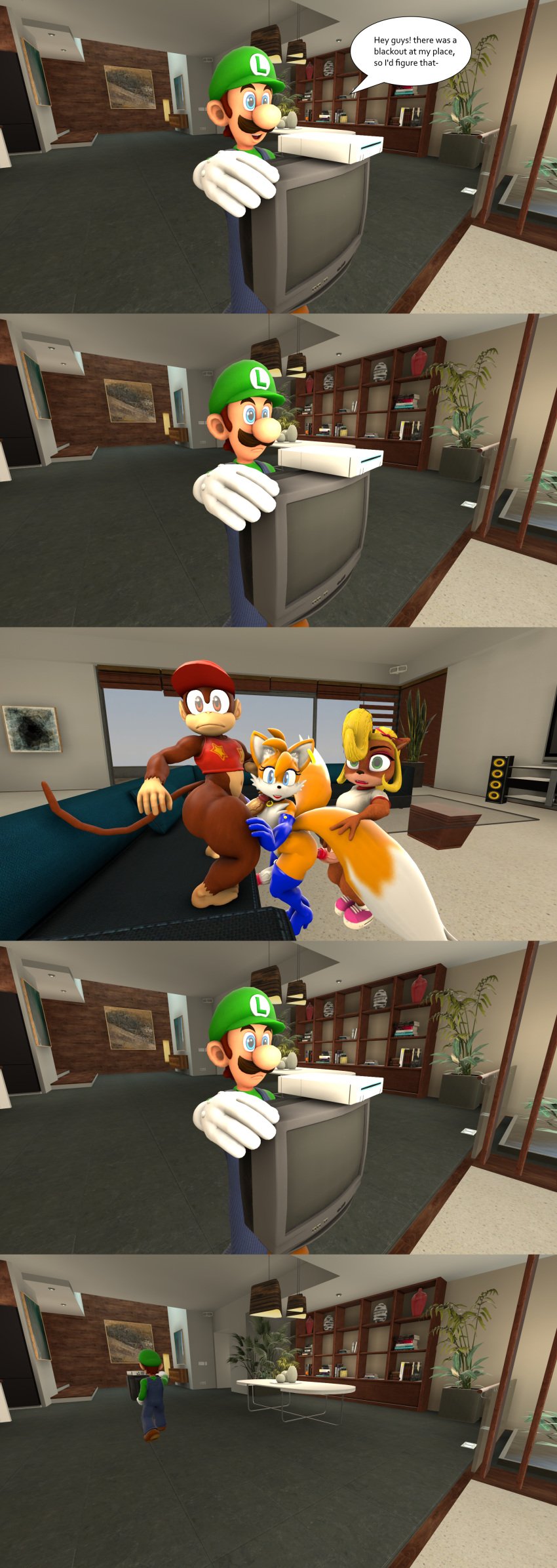 3d bandicoot coco_bandicoot crash_(series) dickgirl/male diddy_kong donkey_kong_(series) femboy femboysub fox futanari imminent_oral imminent_penetration imminent_sex luigi male/male mario_(series) miles_prower monkey nude_male pantsless_female pantsless_male smackrabbit sonic_(series) source_filmmaker tails tails_the_fox television walked_in_on walking_away wii