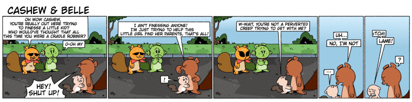 age_difference almond_(fullhero) annoyed bandana cashew_(fullhero) cashew_and_belle chestnut_(fullhero) comic cub day detailed_background dialogue ear_piercing english_text female feral fullhero group hi_res hug humor kerchief long_image looking_at_another male mammal outside piercing pine-nut_(fullhero) plant road rodent sciurid shrub smug speech_bubble suprised_look text tree tree_squirrel wide_image young young_female young_feral younger_female younger_feral