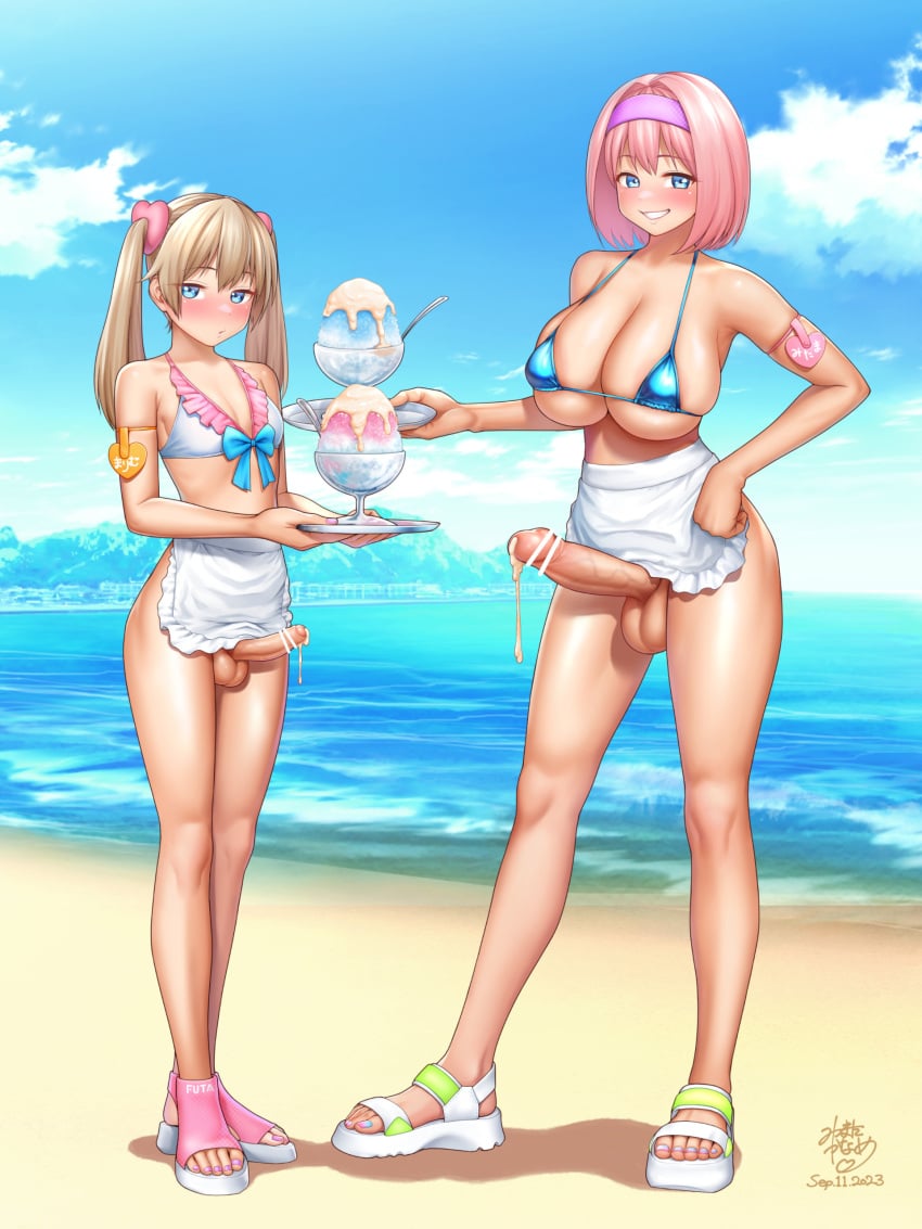 2girls absurdres apron bar_censor beach bikini bikini_top_only blonde_hair blue_bikini blue_eyes blue_sky blush breasts censored cum cum_on_food daisy_mitsumata dated day erection food foreskin futanari grin hairband highres holding holding_tray large_breasts large_penis large_testicles long_hair looking_at_viewer multiple_girls ocean original outdoors penis penis_size_difference phimosis pink_hair purple_hairband sandals shaved_ice short_hair skindentation sky small_breasts smile standing swimsuit testicles tray twintails waist_apron water white_apron white_bikini