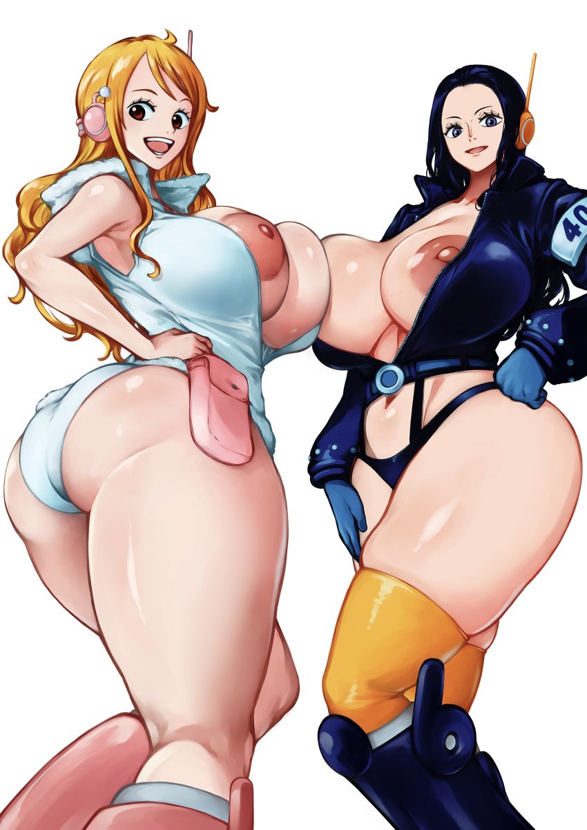 2girls areolae ass big_breasts black_hair egghead female female_focus female_only kyugata large_breasts long_hair looking_at_viewer nami nami_(one_piece) nico_robin nipples one_piece one_piece:_egghead_arc open_clothes orange_hair pale-skinned_female pale_skin post-timeskip thick_thighs thighhighs wide_hips wide_thighsone_piece