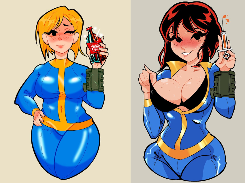 bethesda_softworks biting_lip biting_own_lip black_hair blonde_hair blush blush_lines blushing bra fallout female lip_biting mob_face nuka-cola open_clothes open_jacket open_shirt pip-boy suggestive syringe tagme transformation transformation_sequence vault_girl vault_suit wink winking_at_viewer