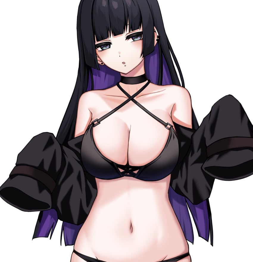 aqua_eyes bad_id bad_twitter_id bikini black_bikini black_choker black_hair bocchi_the_rock! breasts choker cleavage colored_inner_hair earrings female highres jewelry kushinaka labret_piercing large_breasts long_hair multicolored_hair navel pa-san purple_hair simple_background sleeves_past_fingers sleeves_past_wrists solo stud_earrings swimsuit two-tone_hair upper_body white_background