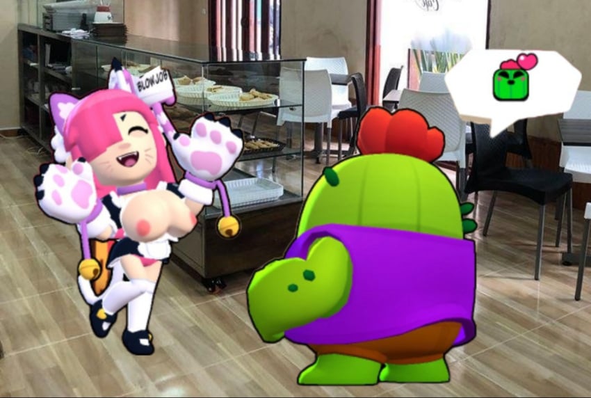 1boy 1girls 3d 3d_model before_sex brawl_stars breasts colette_(brawl_stars) duo female heart maid male naked neko nude pink_hair pink_panties pinku_pawlette plant showing_breasts showing_panties smile spike_(brawl_stars) supercell