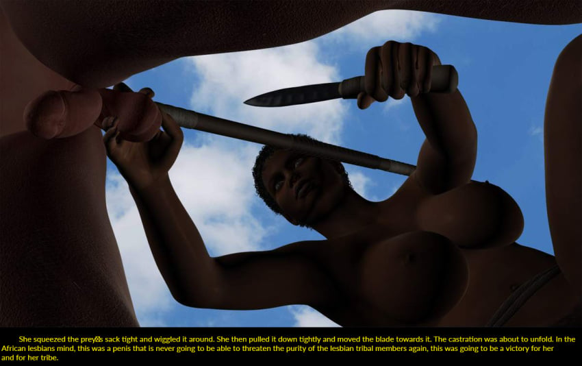 1boy 2girls 3d anal breasts castration curvy dark-skinned_female dark_skin defeated desert female knife nature nude spear spoils spoils_of_war text tribal virgin