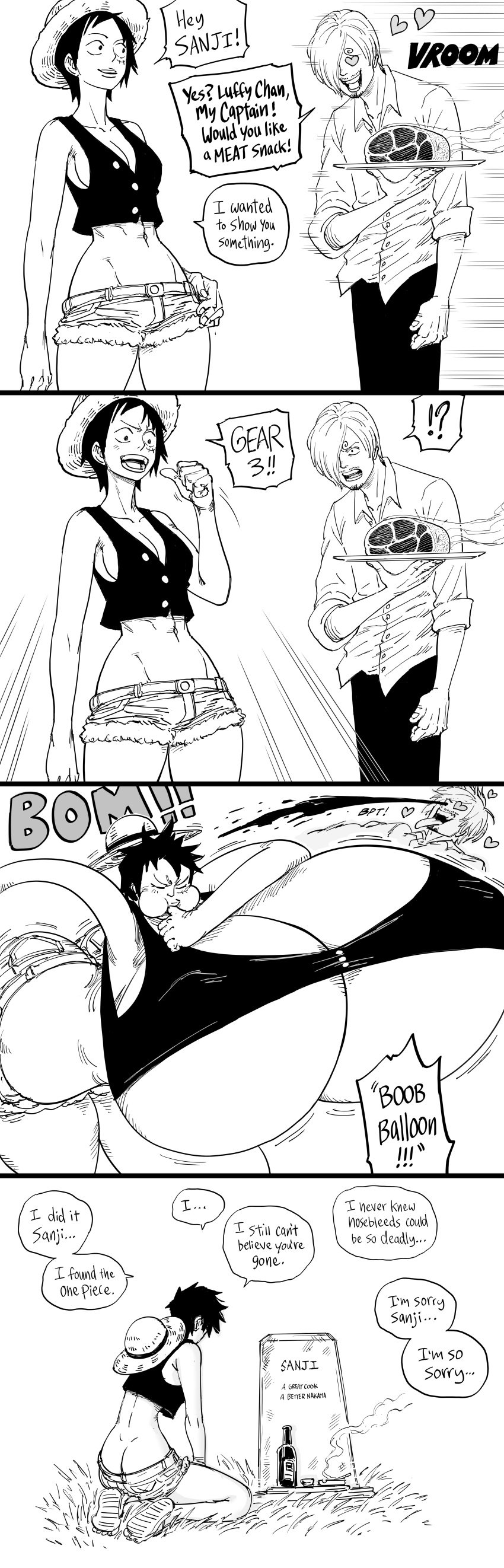 1boy 1girls ass_cleavage bb_(baalbuddy) bikini breast_expansion breast_inflation butt_crack cleavage comedy comic death female female_focus funny heart huge_breasts hyper luffyko male male_death monkey_d_luffy monochrome nosebleed one_piece rule_63 shounen_jump simp simping text underboob vinsmoke_sanji