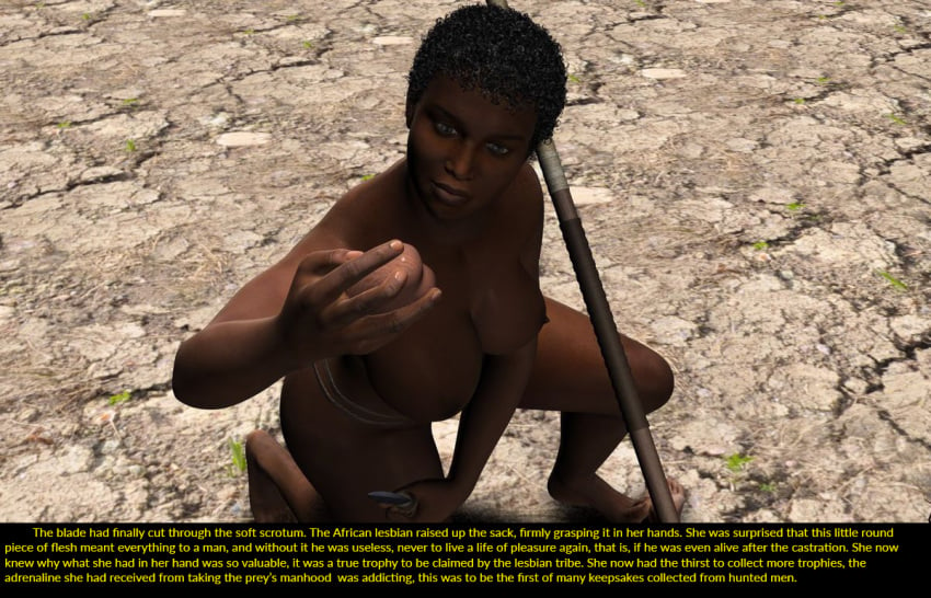 1boy 2girls 3d anal breasts castration copyright_request curvy dark-skinned_female dark_skin defeated desert female knife nature nude spear spoils spoils_of_war text tribal virgin