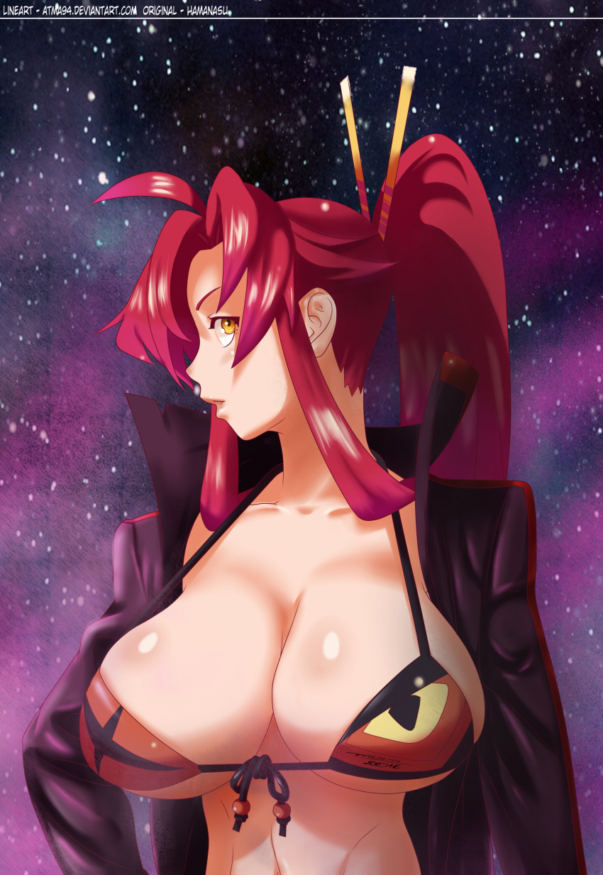 2016 2d adult adult_female amber_eyes artist_name big_breasts blush bra breasts chopsticks chopsticks_in_hair cleavage cleavage_overflow coat crossover deviantart_username facing_away female female_only fit fit_female hamanasu heroine human human_female human_only jacket kill_la_kill large_breasts light-skinned_female light_skin long_hair looking_at_viewer looking_sideways mammal midriff mostly_clothed navel no_sex not_ai_generated partially_clothed ponytail post-timeskip red_hair senketsu solo solo_female space space_yoko standing star starry_sky stars straight_hair swimsuit tengen_toppa_gurren_lagann upper_body web_address yellow_eyes yoko_littner young_woman