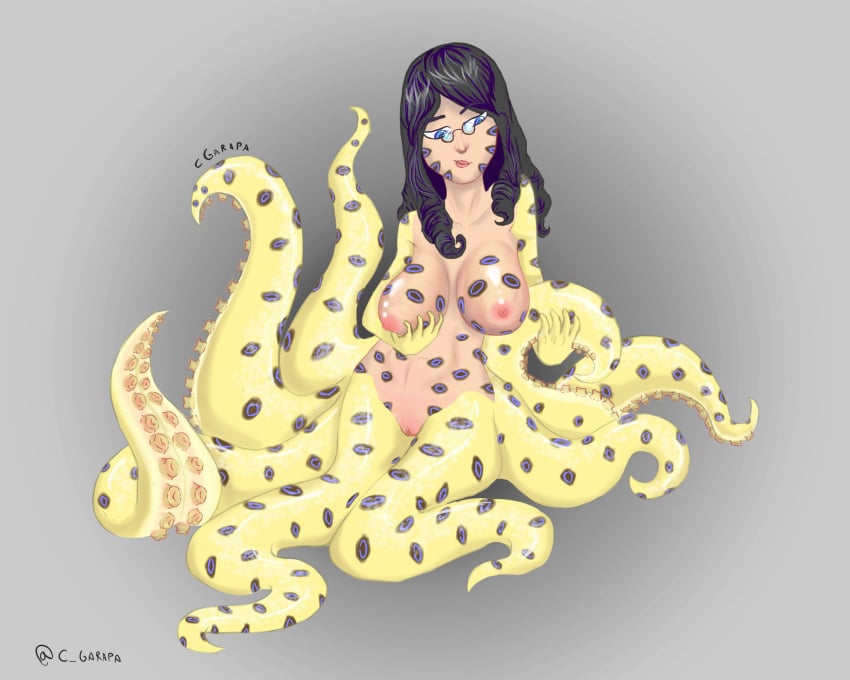 big_breasts black_hair blue_eyes blue_ring body_markings breast_grab breasts cephalopod cgarapa clavicle drill_hair glasses looking_down monster_girl multi_leg multi_limb nipples nudity scylla simple_background solo_female suction_cups tentacle vagina