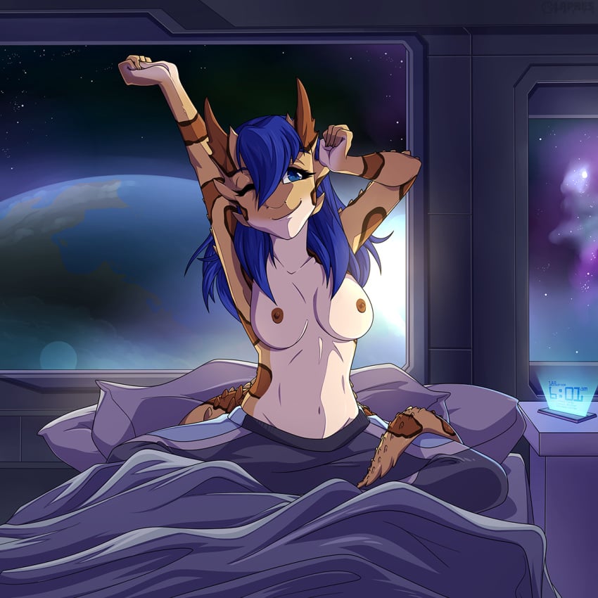 anthro blue_eyes blue_hair breasts clothing earth female lapres lizard long_hair nude one_eye_closed planet saphira scalie sci-fi smile solo space stretching thorny_devil waking_up