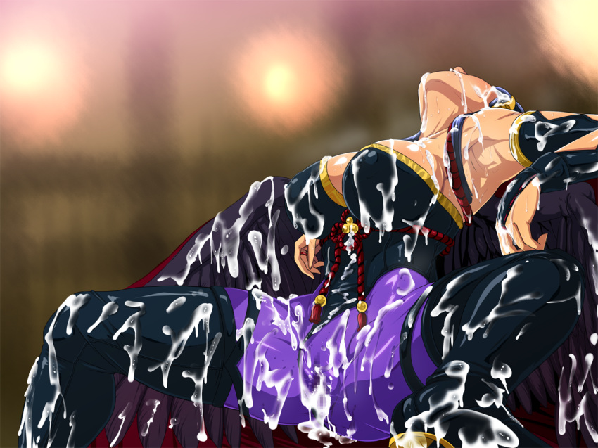 1girls after_sex armpits bare_shoulders black_wings blue_hair bodysuit breasts bridal_gauntlets censored cleavage covered_nipples cum cum_covered cum_everywhere cum_in_mouth cum_on_body cum_on_breasts cum_on_clothes cum_on_lower_body cum_on_upper_body cum_through_clothes cumdrip dead_or_alive dead_or_alive_5 erect_nipples facial feathered_wings female fingerless_gloves fully_clothed highres large_breasts legs leotard long_hair mole mole_under_mouth nyotengu puffy_nipples pussy raburebo sitting skin_tight solo spread_legs sweat thigh_boots thighs through_clothes wings