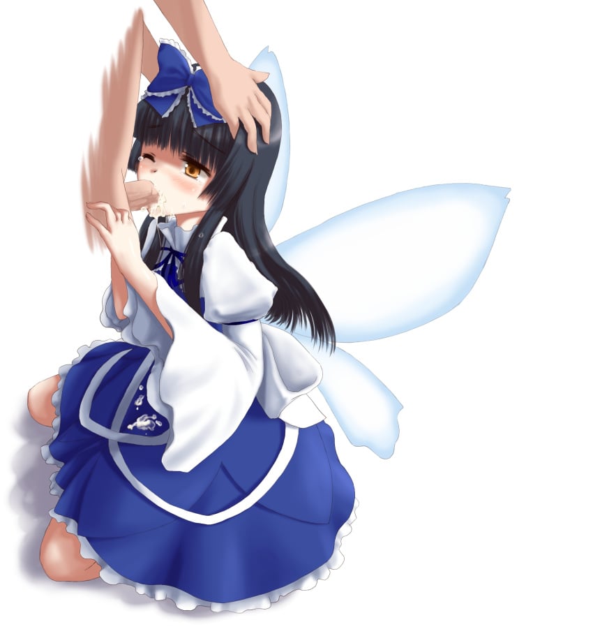 black_hair brown_eyes cum cum_in_mouth facial fairy fairy_wings fellatio female long_hair minase_(takaoka_nanase) one_eye_closed oral star_sapphire_(touhou) takaoka_nanase touhou white_background wings