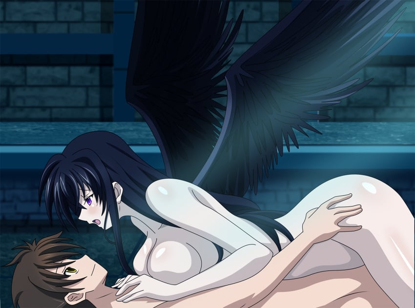 1boy amano_yuuma breast_press breasts fallen_angel female girl_on_top high_school_dxd hyoudou_issei large_breasts long_hair male raynare riding sex yxyyxy