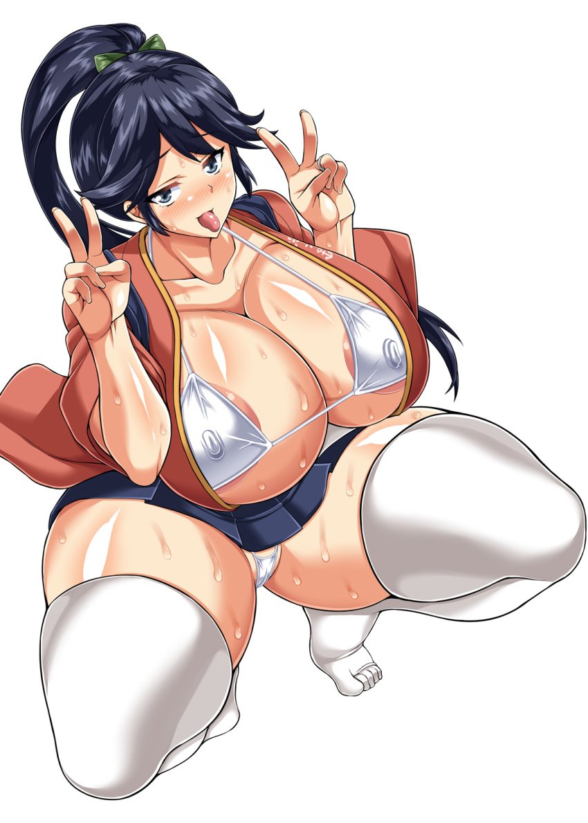 alternate_breast_size areola_slip areolae blue_hair blue_skirt blush bra breasts collarbone covered_nipples dorachefu double_v female hair_ribbon hakama highres houshou_(kantai_collection) huge_breasts japanese_clothes kantai_collection kimono large_areolae long_hair looking_at_viewer open_mouth panties pleated_skirt ponytail ribbon simple_background skirt solo squatting sweat tasuki thick_thighs thighhighs thighs tied_hair tongue tongue_out underwear v white_background white_bra white_legwear white_panties wide_sleeves