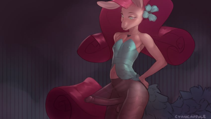 animal_ears anthro cyancapsule erection femboy girly large_penis long_hair male my_little_pony nila_(cyancapsule) pantyhose penis pink_hair solo standing testicles trap