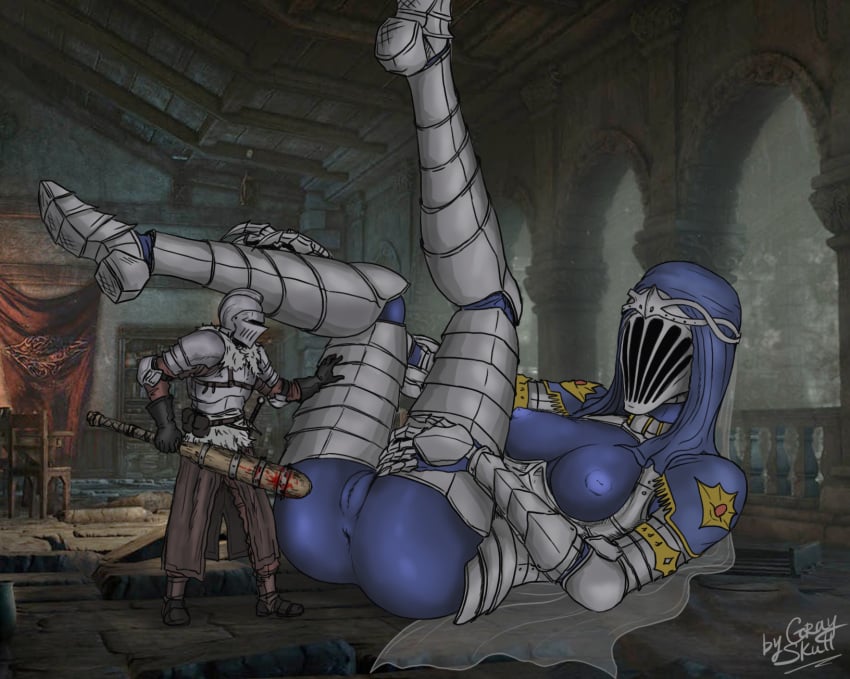 1boy anus armor blue_skin breasts club dancer_of_the_boreal_valley dark_souls dark_souls_3 female fromsoftware giantess gray_skull larger_female pussy size_difference smaller_male