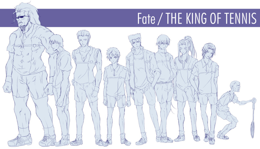 9boys crossover cu_chulainn_(fate) emiya_shirou everyone fate/stay_night fate_(series) gilgamesh_(fate) heracles_(fate) kuzuki_souichirou male male_only matou_shinji matou_zouken monochrome parody prince_of_tennis sasaki_kojirou_(fate) yokomizo_daisuke