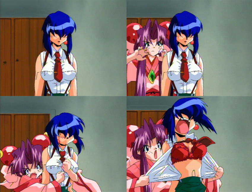 2girls 90s blue_eyes blue_hair bra breasts cap cherry_(saber_j) earrings female hair_ornament hair_over_eyes japanese_clothes jewelry kimono lingerie long_hair luchs midriff multiple_girls necktie open_clothes open_mouth open_shirt purple_hair red_bra saber_marionette_j screencap screenshot sleeveless surprised suspenders tongue underwear undressing