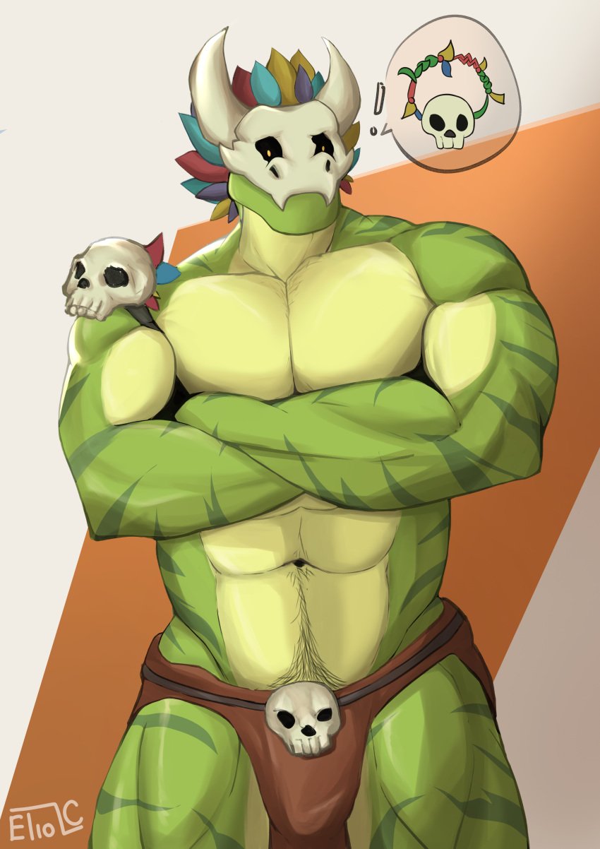 absurd_res anthro balls bone bone_mask bottomwear bottomwear_aside clothing clothing_aside crouching eliolovicos genitals hi_res ineffective_clothing ineffective_loincloth lihzahrd lizard loincloth loincloth_aside male mask muscular muscular_anthro muscular_male non-mammal_balls presenting reptile scales scalie skull skull_mask solo solo_male tail terraria witch_doctor_(terraria)