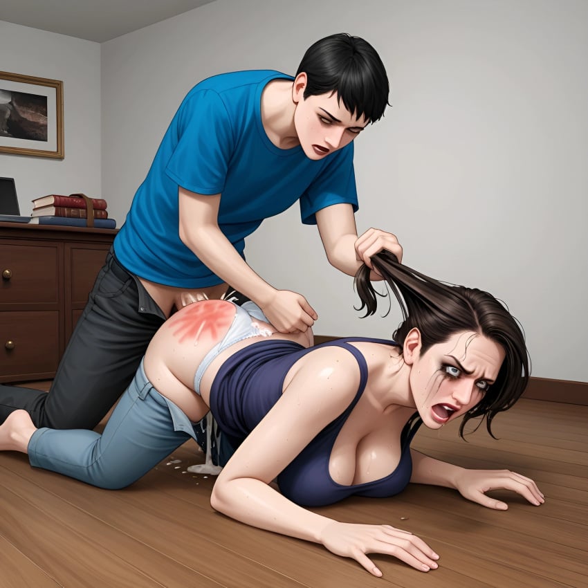 ai_generated breeding cum_in_pussy cum_overflow dominant_male forced forced_sex incest mother_and_child mother_and_son older_female pulling_hair rape raped submissive_female used violation younger_male