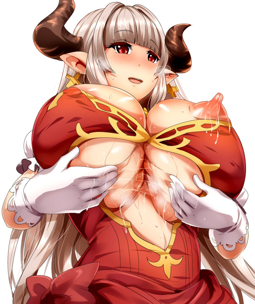 1girls alicia_(granblue_fantasy) areola big_breasts bimbo blush breast breast_grab breast_milk breast_squish breasts busty cleavage female granblue_fantasy horns huge_breasts lactation magukappu milk nipple_slip nipples pointy_ears red_eyes solo underboob voluptuous white_hair