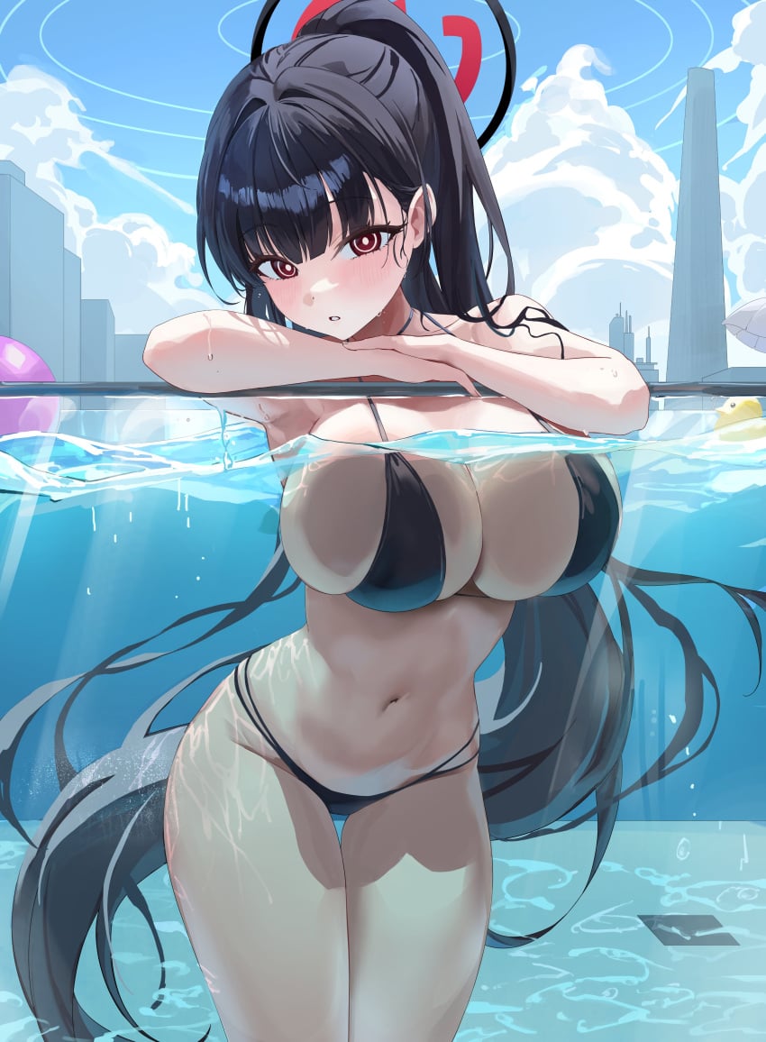 1girl absurdres alternate_costume alternate_hairstyle ball bare_arms beachball bikini black_bikini black_hair black_halo blue_archive blue_sky blunt_bangs blush breasts bright_pupils cleavage cloud cowboy_shot cumulonimbus_cloud curvy day eyelashes female floating_hair hair_behind_ear hair_intakes halo hido88 highres huge_breasts long_hair looking_at_viewer multicolored_halo navel outdoors parted_lips partially_submerged partially_underwater_shot ponytail pool red_eyes red_halo ringed_eyes rio_(blue_archive) sketch skindentation sky solo stomach swimsuit thigh_gap thighs two-tone_halo very_long_hair water white_pupils