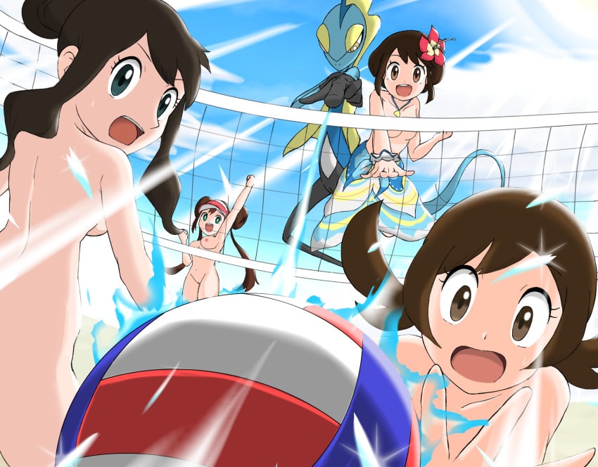 4girls beach blue_eyes brown_eyes brown_hair female gloria_(pokemon) hilda_(pokemon) inteleon lyra_(pokemon) pokemon pokemon_bw pokemon_bw2 pokemon_hgss pokemon_masters pokemon_ss rosa_(pokemon) sport summer_gloria_(pokemon_masters) volleyball yamarimo_3