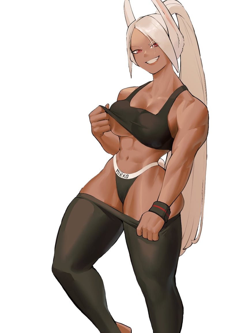 athletic athletic_female bunny_ears bunny_girl bunny_tail dark-skinned_female dark_skin female grin grinning grinning_at_viewer highleg long_hair looking_at_viewer mirko miruko muscular muscular_female my_hero_academia ponytail rabbit_ears rabbit_girl rabbit_tail red_eyes rumi_usagiyama sportswear thong white_hair zukululuu