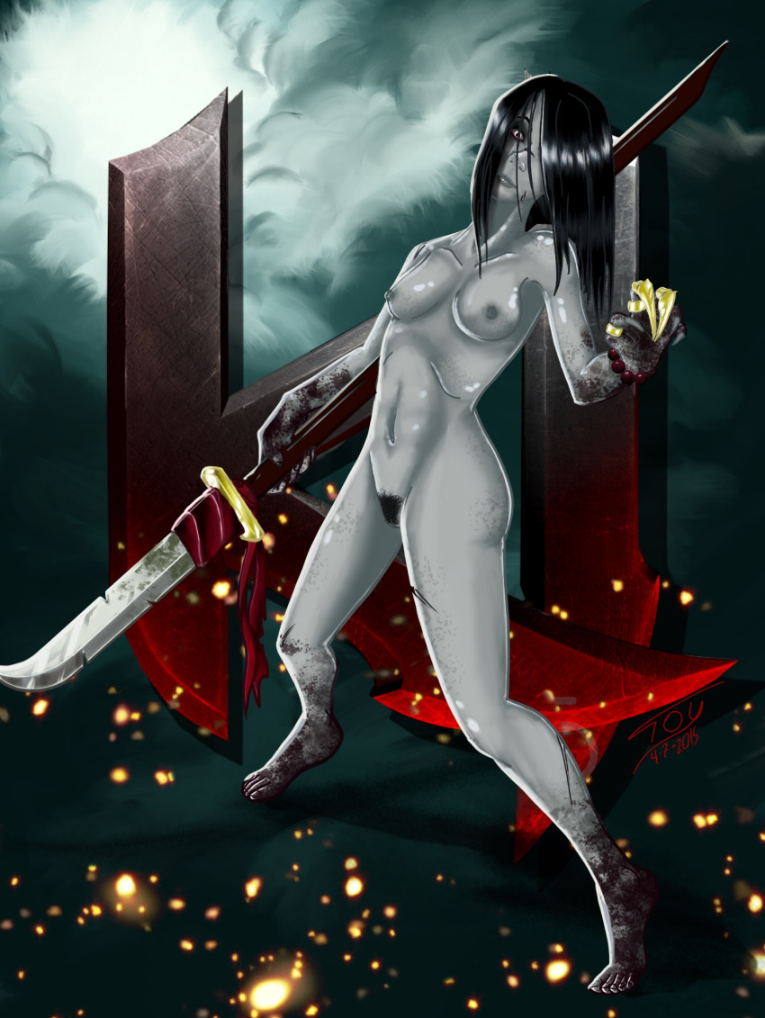 black_hair dirty_feet feet female ghost ghost_girl grey_skin hisako_(killer_instinct) killer_instinct long_hair naginata nude onryo pubic_hair small_breasts tsawyer weapon