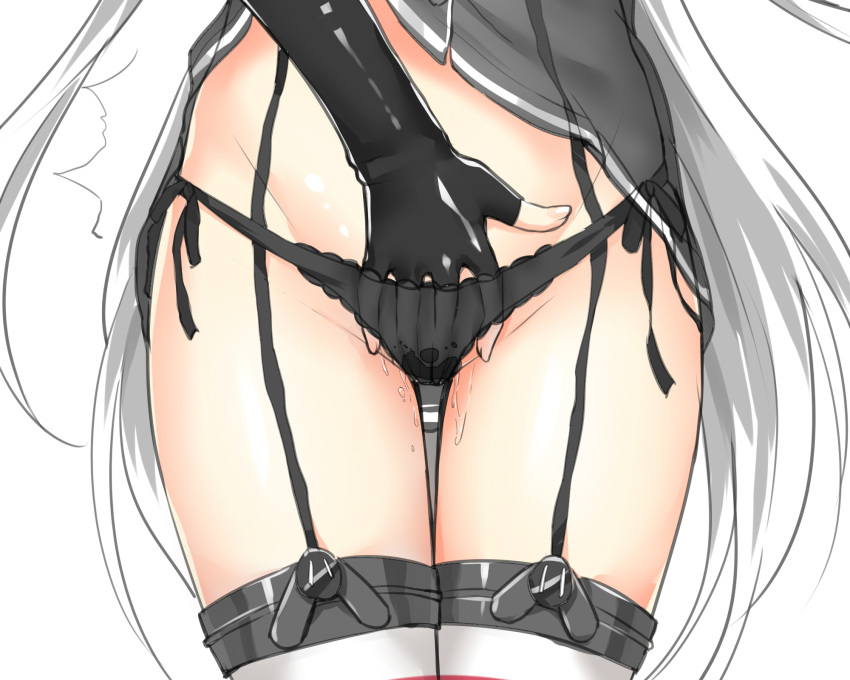 1girls amatsukaze_(kantai_collection) close cropped female fingering gray_hair kantai_collection light-skinned_female light_skin long_hair masturbation multiple_girls nagato_(kantai_collection) panties silveroid_(silver15) stockings thighhighs underwear yuri