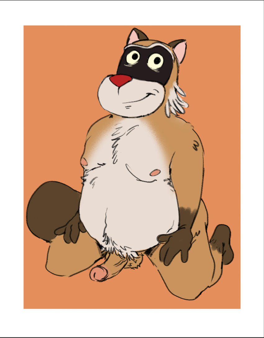 2025 anthro balls belly brown_body erection genitals hi_res male mammal moobs nipples penis procyonid raccoon rascal_(robot_dreams) red_nose robot_dreams simple_background slightly_chubby solo strayishcat