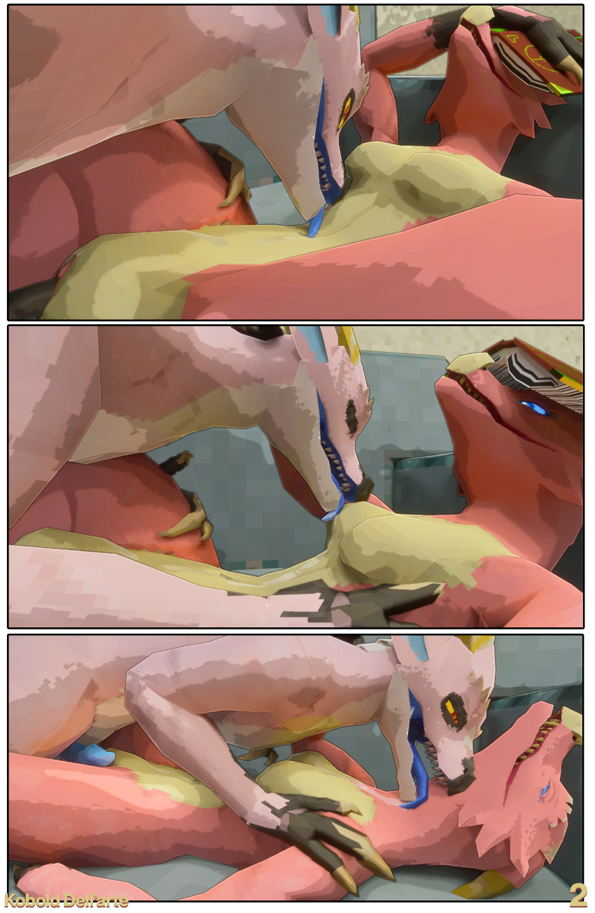 3d absurd_res anthro belly_lick bodily_fluids breast_lick breast_play breasts claws comic digital_media_(artwork) duo erection female gavit genitals hi_res horn kobold kobold_dellarte licking licking_belly low_poly male male/female neck_lick nude open_mouth oral penis_on_thighs reptile saliva scalie sex simple_background spread_legs spreading tik_tik tongue tongue_out