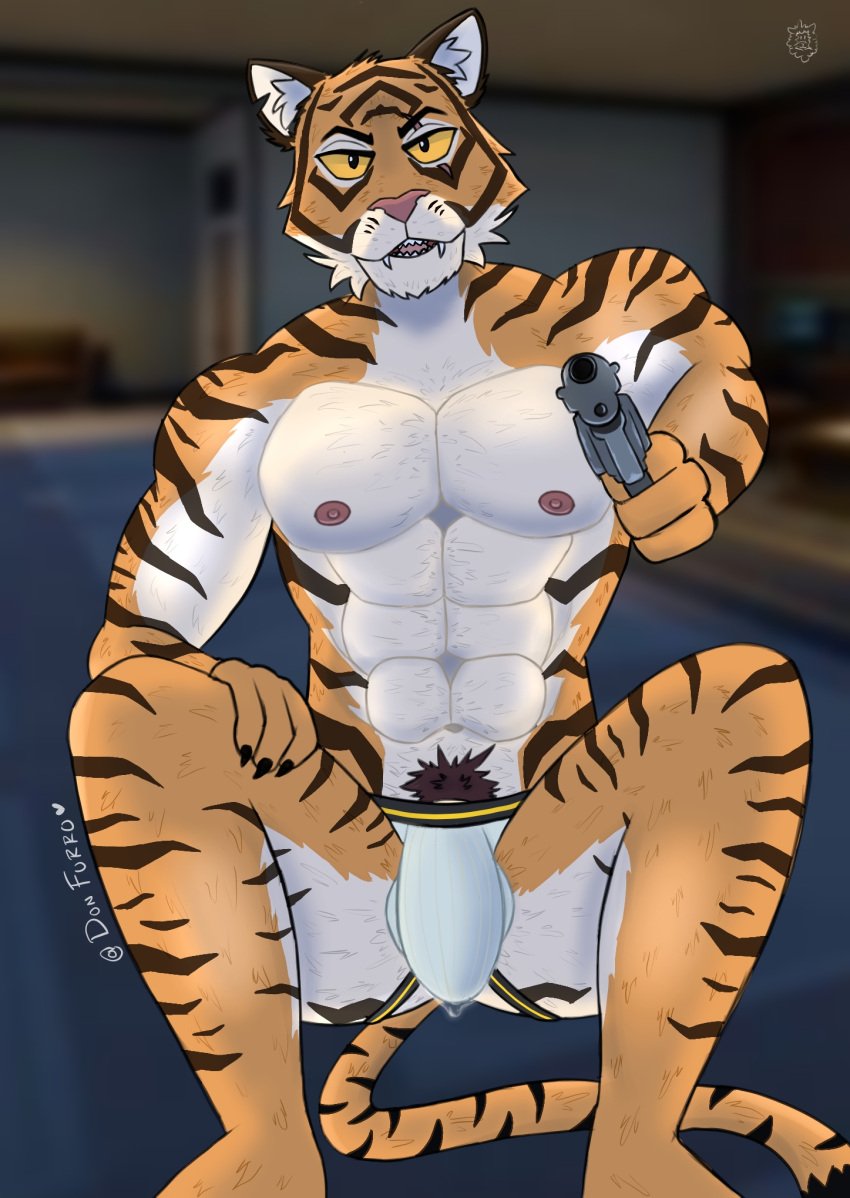 abs anthro barazoku biceps big_bulge big_muscles bulge clothed clothing donfurro epic_games felid floor fortnite fur hi_res huge_bulge lying male mammal motion_lines muscular muscular_anthro muscular_male on_back oscar_(fortnite) pantherine pecs solo thick_thighs thong thong_only tiger topless topless_anthro topless_male underwear underwear_only whiskers