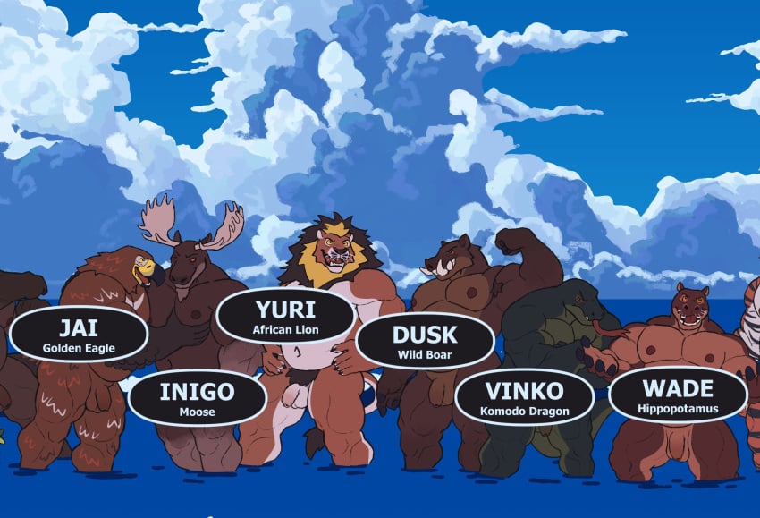 accipitrid accipitriform anthro armpit_hair avian balls belly biceps bird body_hair bude calf_muscles casual_nudity chest_fondling common_hippopotamus cosmictail crossed_arms deer deltoids dusk_(cosmictail) eagle felid flaccid flexing flexing_bicep fondling forearm_muscles foreskin frown genitals golden_eagle group hand_on_hip hi_res hippopotamid inigo_(cosmictail) jai_(cosmictail) komodo_dragon lion lizard male male/male mammal masculine_male mature_male monitor_lizard moose musclegut muscular muscular_arms muscular_legs muscular_thighs navel new_world_deer nipples nude nude_beach pantherine partially_submerged pec_grab pec_grope pecs penis playful reptile scalie scowl sky skyscape slightly_chubby standing suid suine sus_(pig) triceps true_eagle uncircumcised vinko_(cosmictail) wade_(cosmictail) water wave wild_boar yellow_sclera yuri_(cosmictail)