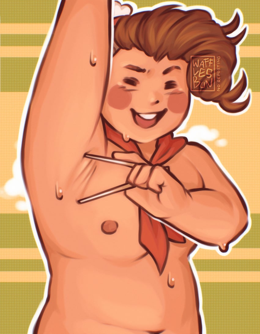 anime armpit_crease armpit_fetish armpits belly body_part chef chopsticks chubby chubby_male danganronpa danganronpa_2:_goodbye_despair fetish flushed inviting_to_lick male male_only moobs musk musk_clouds pervert_male smiling_at_viewer sweatdrop sweating teruteru_hanamura video_game_character wafflesbun