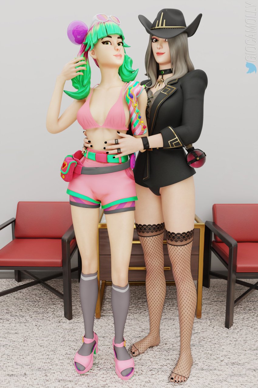 2girls breasts female femele fortnite giocamolly outerwear tights tropical_punch_zoey underwear victoria_saint zoey_(fortnite)