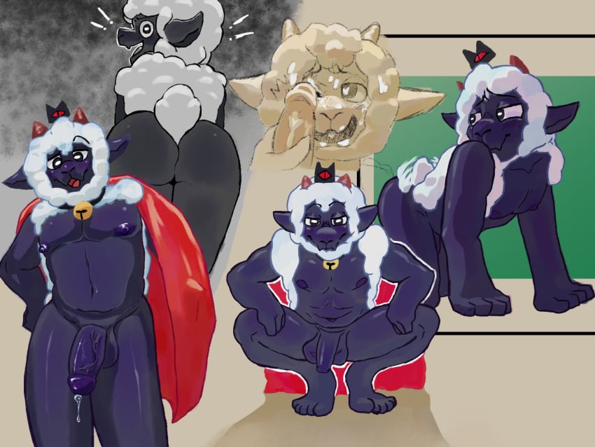4:3 all_fours anthro ass blush bodily_fluids bovid caprine clothed clothing cocky_smile crouching crown cult_of_the_lamb cum cum_on_face duo erection genital_fluids genitals headgear hi_res lamb_(cult_of_the_lamb) male male/male mammal massive_monster_(studio) momoskinks partially_clothed penis pleased_expression precum presenting presenting_hindquarters sheep solo surprised_expression tail tail_motion tailwag vein veiny_penis