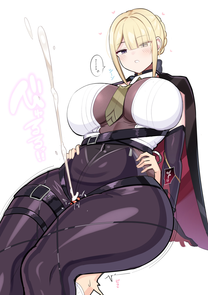 ... 1boy black_pants blonde_hair blush breasts cum curvy evelyn_chevalier female fully_clothed hair_over_one_eye highres jakko large_breasts male necktie pants projectile_cum purple_eyes thick_thighs thigh_sex thigh_strap thighs wide_hips zenless_zone_zero