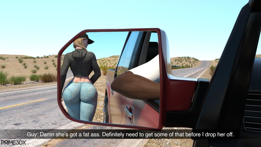 1boy 1boy1girl 3d big_ass female jeans male mirror_reflection pale_skin pickup_truck prime3dx resident_evil resident_evil_8:_village road rosemary_winters sunny thick_thighs