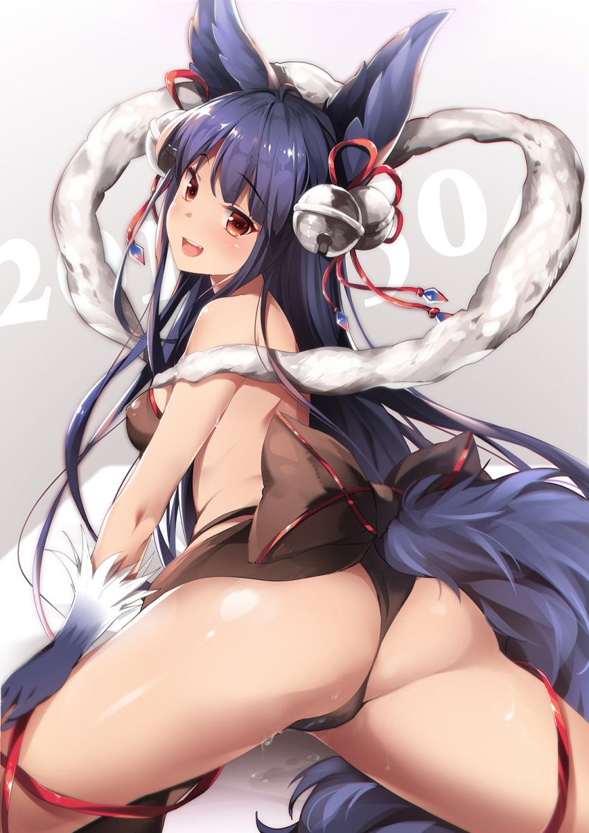 :d animal_ears ass back bare_back bare_shoulders bell black_bow blue_hair blush bow chiyingzai covered_nipples cowboy_shot eyebrows eyebrows_visible_through_hair female fox_ears fox_tail from_behind fur_trim gloves granblue_fantasy grey_background hagoromo hair_bell hair_ornament highres jingle_bell leg_ribbon long_hair looking_at_viewer looking_back number open_mouth pussy_juice red_eyes red_ribbon ribbon shawl smile solo tail thighhighs very_long_hair yuel_(granblue_fantasy)