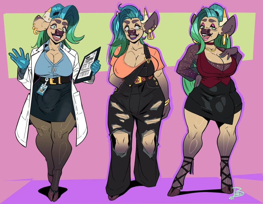 2025 anthro ava_(bimbini) belt belt_buckle big_breasts bimbini biped black_bottomwear black_clothing black_overalls black_skirt blazer blue_clothing blue_gloves blue_hair blue_handwear blue_shirt blue_topwear bottomwear bovid bovine breasts buckle bulge cattle clipboard clothing coat colored_nails dated detailed_bulge disposable_gloves ear_piercing ear_ring eyeshadow fingernails furgonomics furry-specific_piercing futanari genital_outline gloves gradient_hair green_eyes green_fingernails green_hair green_nails gynomorph hair handwear hi_res hooves horn horn_piercing intersex jewelry lab_coat leggings legwear lips long_hair makeup mammal multiple_outfits nails name_tag necklace nipple_outline orange_clothing orange_shirt orange_topwear overalls pencil_skirt penis_outline piercing pink_background pink_lips ponytail purple_eyeshadow purple_lips red_blazer ring_piercing shirt signature simple_background skirt solo tan_body thick_thighs topwear torn_overalls trans_woman transfem translucent translucent_clothing translucent_topwear